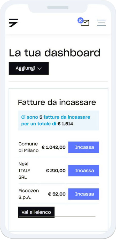 Esempio della dashboard di Fiscozen. Mostra un menu, delle notifiche di messaggi in entrata, le fatture da inccassare, alcuni tasti funzione
